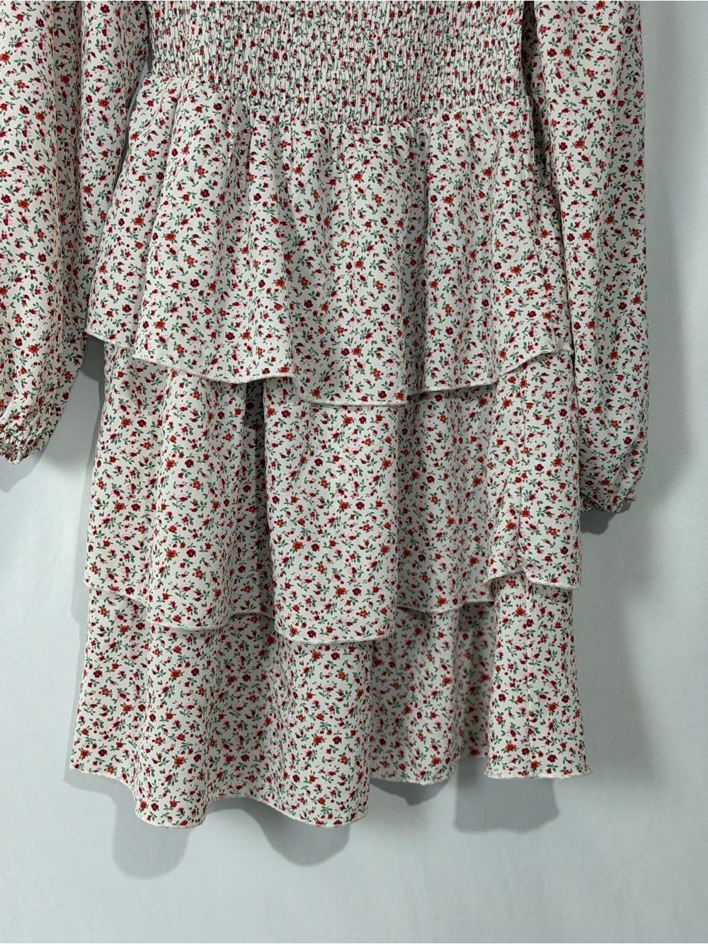 PrettyGarden White Floral Smocked Tiered Long-Sleeve Dress Sz S - Picture 3 of 9